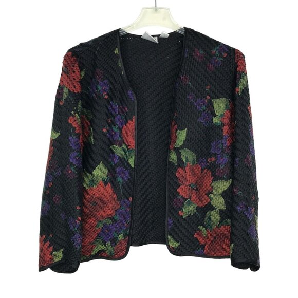 Chico's Jackets & Blazers - Chicos Design 1 M Silk Woven Jacket Open Front Black Rose Print Long Sleeve